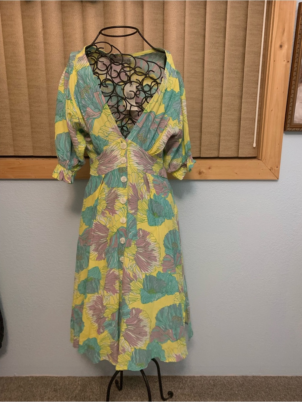 Faithfull the Brand Yellow Floral Midi Dress with Mint and Pink Blooms